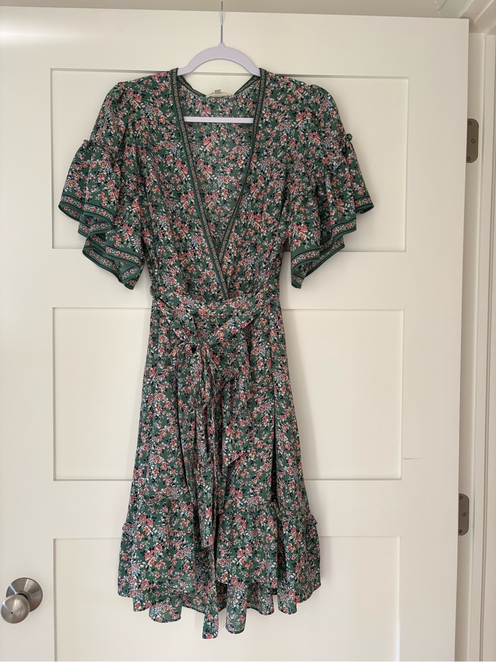Max Studio Green Floral Wrap Midi Dress with Flutter Sleeves